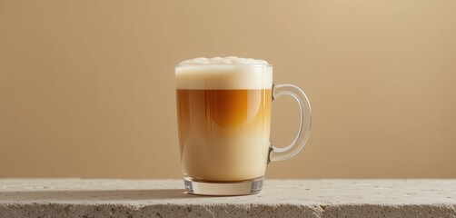 Delicious layered coffee beverage with milk and foam in a transparent glass mug, resting on a textured surface.