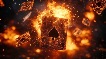 Burning playing cards in flames.