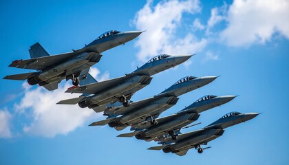 HD close-up photo of multiple fighter jets flying in tight formation, high-speed action shot, blue sky background, cinematic lighting