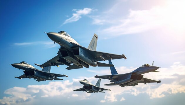 HD close-up photo of multiple fighter jets flying in tight formation, high-speed action shot, blue sky background, cinematic lighting