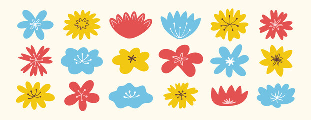 Obraz premium Naive hand drawn colorful flower elements in flat whimsical style for decoration and design