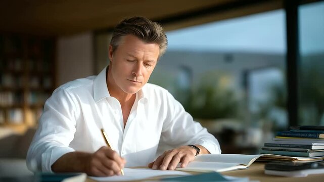 Professional man organizing tasks at home office with calendar