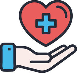 Obraz premium Compassionate Healthcare: Hand Gently Holding a Heart with a Medical Cross, Line Art Style, Positive Mood