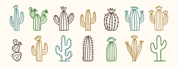 Collection of doodle wild west cactus icons in minimal desert style, hand drawn cacti