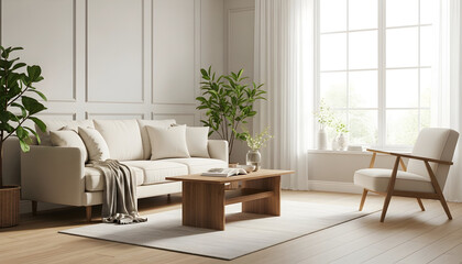 Fototapeta premium Minimalist modern living room interior with natural light and neutral tones