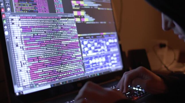 A person diligently codes on their laptop in low light.