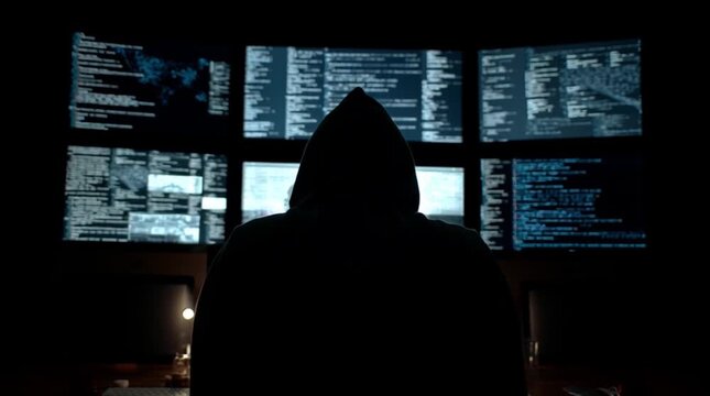 Shadowy figure observing multiple computer screens displaying code. 