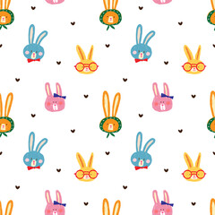 Seamless Pattern with Cartoon Rabbit Face Design on White Background with Hearts. Hand Drawn Vector Illustration. 