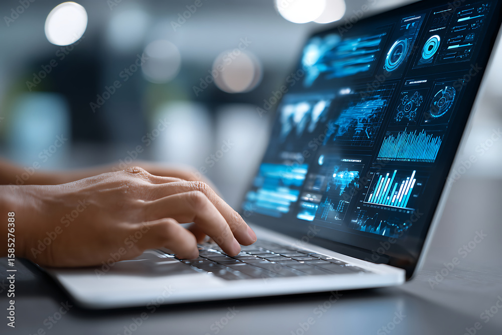 Poster hands typing on a laptop with data analytics display in a modern workspace