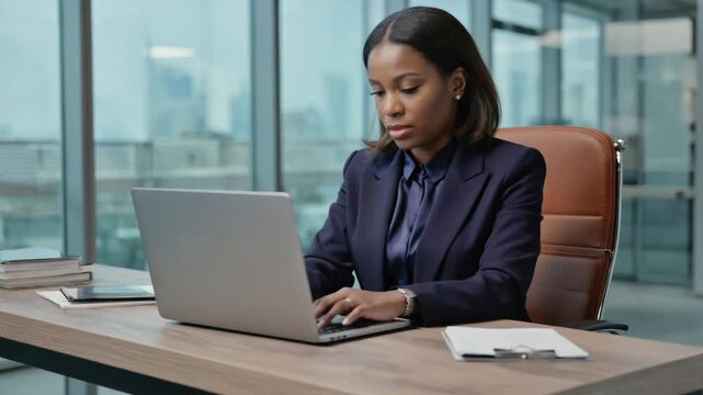 Professional black woman in suit using computer at desk in office with city view out window.
