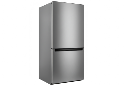 A modern silver stainless steel refrigerator with a bottom freezer isolated on a transparent background