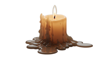 A burning candle with dripping wax isolated on transparent background