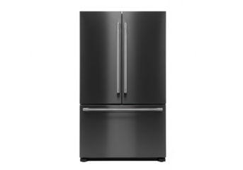 A modern black stainless steel french door refrigerator isolated on a transparent background