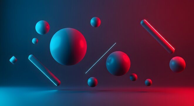 Abstract 3D Composition of Spheres and Cylinders in Red and Blue Gradient Lighting - Powered by Adobe