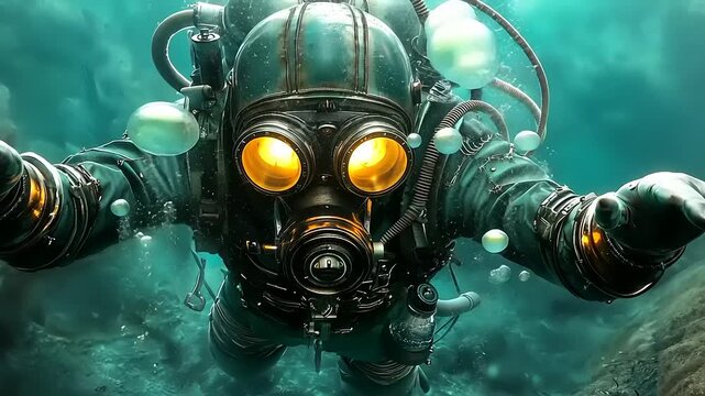 Underwater Diver in a Diving Suit and Respirator