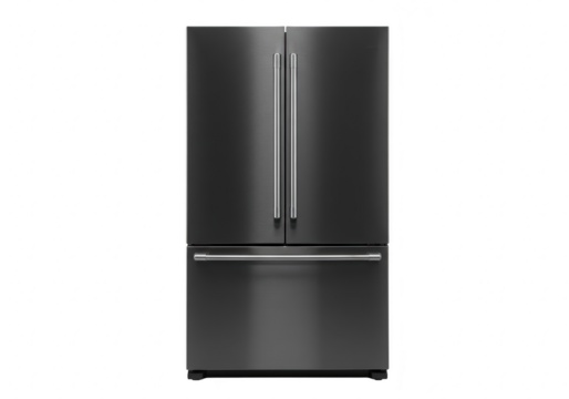 A modern black stainless steel french door refrigerator isolated on a transparent background