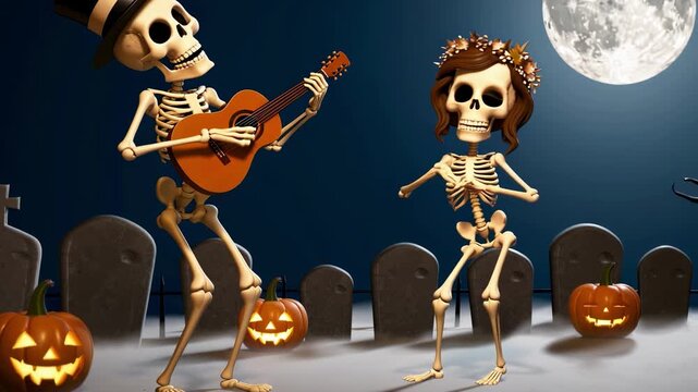 Spooky and fun Halloween video featuring a pair of skeletons dancing in a graveyard at night. One skeleton plays the guitar while the other, wearing a flower crown, joyfully moves to the rhythm.