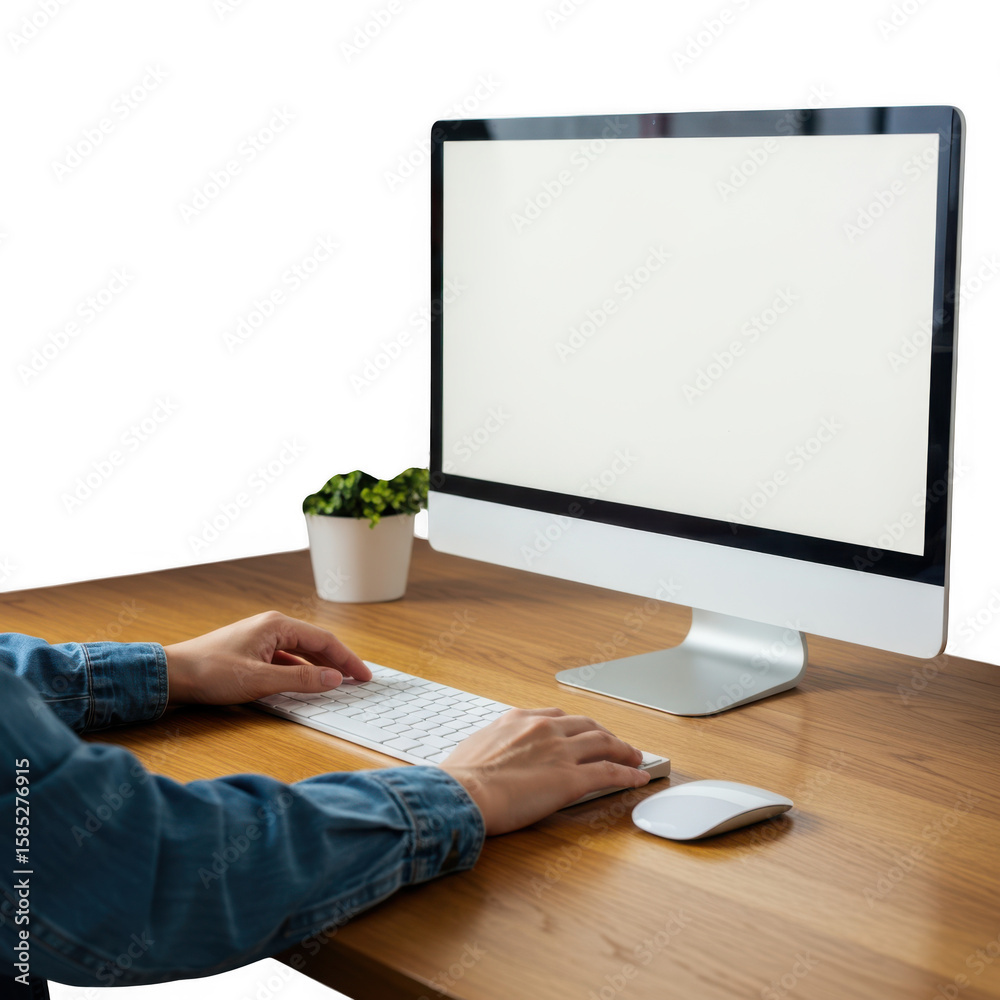 Wall mural person using computer with blank screen at desk isolated on transparent background