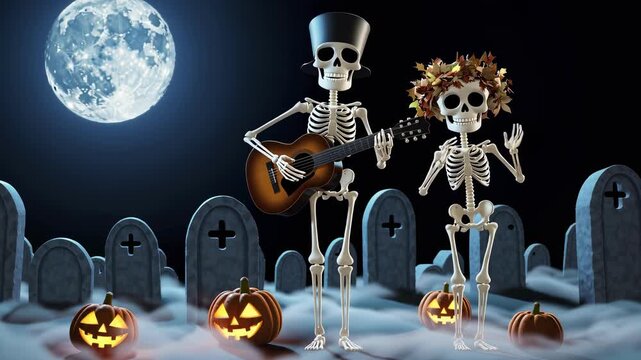 Spooky and fun Halloween video featuring a pair of skeletons dancing in a graveyard at night. One skeleton plays the guitar while the other, wearing a flower crown, joyfully moves to the rhythm.