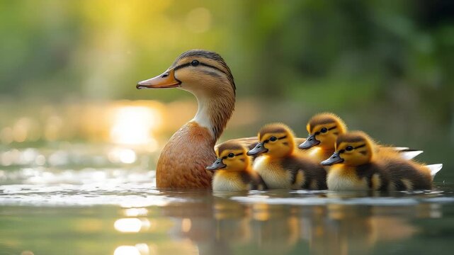 Duck with ducklings swimming peacefully on calm reflective water during golden hour in warm soft tones &mdash; nature wildlife video background for family content, eco blogs, and educational visuals