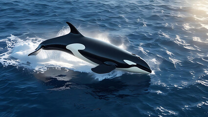 Obraz premium Black and white whale jumping in deep blue sea 