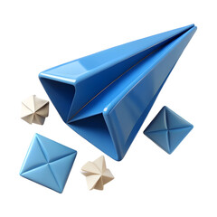 Blue paper airplane with geometric shapes isolated on a transparent background