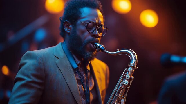 Black jazz saxophonist playing on stage in moody warm lighting during jam session &mdash; atmospheric music video for concert visuals, cultural storytelling, and entertainment content
