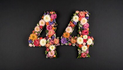 Number 44 made out of flowers with black background. Photo for 44th birthday or anniversary party