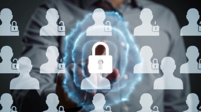 Individuals of varying backgrounds engage in digital security practices to safeguard personal information. The focus is on lock icons symbolizing protection in technology