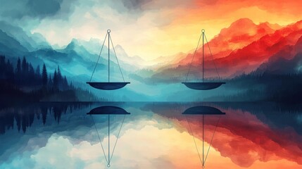 Balancing scales over a tranquil lake reflecting a vibrant mountain landscape divided by contrasting colors.