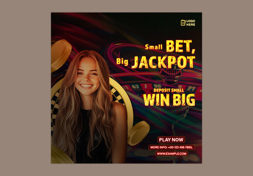Editable Casino Promo Flyer Template with Jackpot Quote &ndash; Bright Red Yellow PSD Design for Online Game Promotions