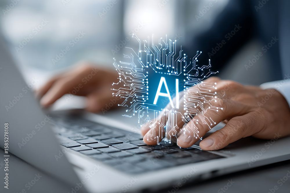 Poster exploring artificial intelligence through hands-on coding on a laptop in a modern workspace
