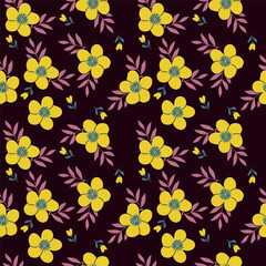 Seamless floral pattern, colorful ditsy print, abstract ornament in retro folk motif. Pretty decorative art botanical design of hand drawn large, small flowers, leaves, wild herbs. Vector illustration