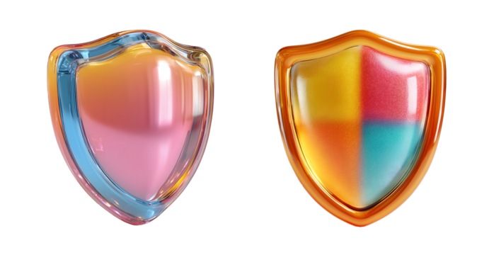 Colorful shield icons with glossy finish, showcasing vibrant hues of pink, blue, and orange. These modern designs evoke sense of protection