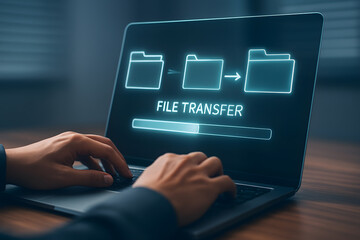 File Transfer in Progress on Laptop with Progress Bar and Folders