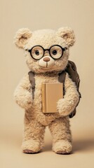 Teddy bear with glasses and backpack holding a book