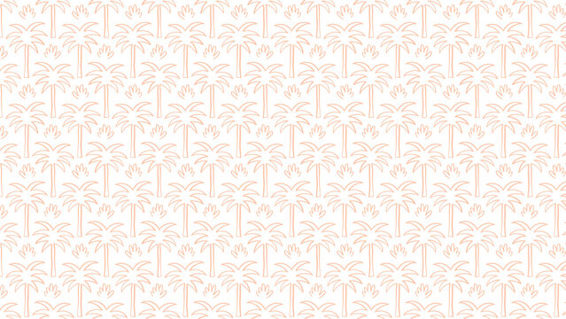 Repeating pattern of palm trees and small plants in light orange on a white background design style
