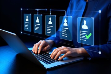 Person using a laptop to manage a digital workflow of candidate profiles with a green checkmark indicating a successful selection in a modern interface