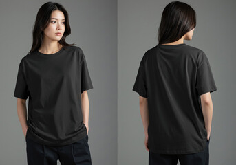 Asian woman in blank black loose-fit oversized T-shirt, front & back view on gray background, apparel mockup