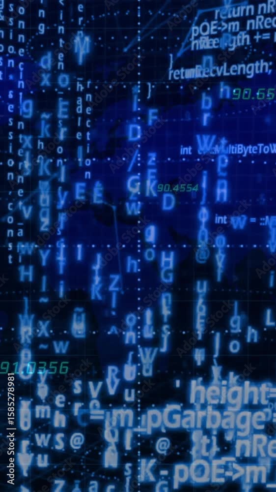 Poster digital code and data processing animation over blue abstract background