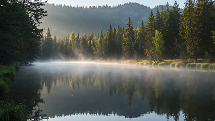 Peaceful misty river in the early morning surrounded by lush forest. The calm water reflects the trees and fog, creating a serene and atmospheric wilderness landscape.