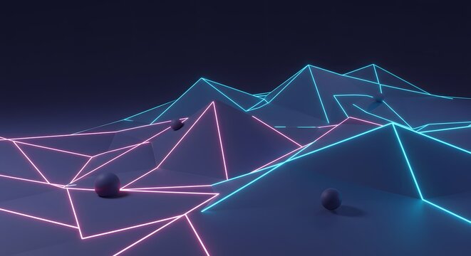 Abstract geometric landscape with neon lines and shapes in a stylized digital environment
