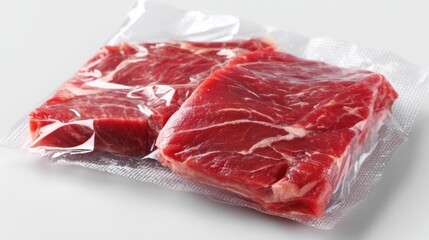 Obraz premium Raw vacuum sealed red meat on white surface in packaged food preservation storage concept studio background scene