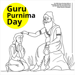 Line art illustration for Guru Purnima, honoring teachers and spiritual guides. Features a guru...