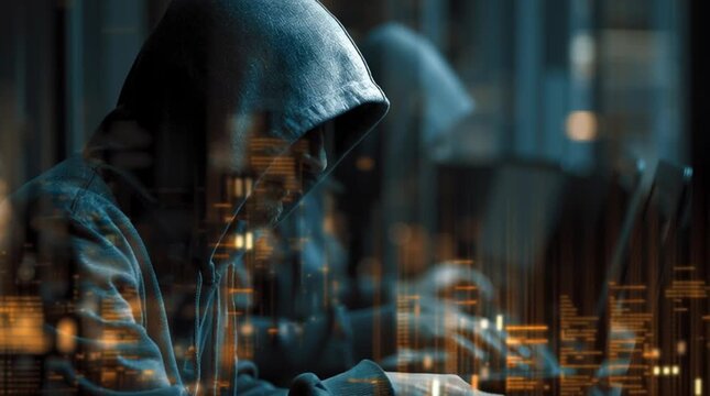 Un hacker, les yeux riv&eacute;s sur un &eacute;cran, avec une ville en arri&egrave;re-plan