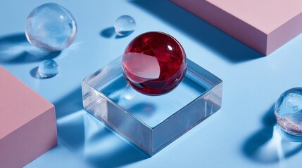 Red and clear glass spheres placed on geometric pastel blocks in clean minimal abstract design scene