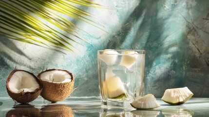 Tropical coconut cocktail on table under palm shadow with beachy tones in summer beverage scene lifestyle vacation concept