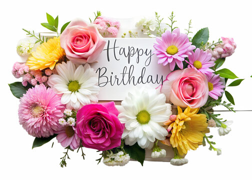A beautiful floral arrangement with a happy birthday message, featuring pink, yellow, and white flowers isolated on transparent background