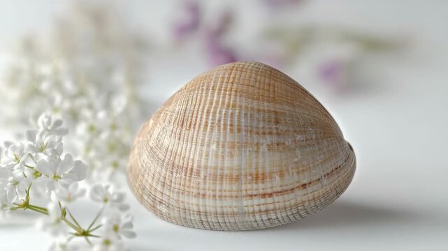 Close-up of a shell with colorful flowers in the background, perfect for decorative or nature-themed designs