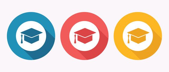 Graduation Caps in Various Colors Representing Education, Learning, and Academic Achievements with Circular Backgrounds